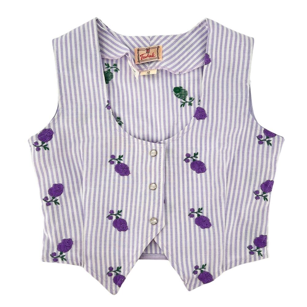 70s Vintage Western Girls Vest Tanbark 1970s Purple Stripe Floral Pearl Snap